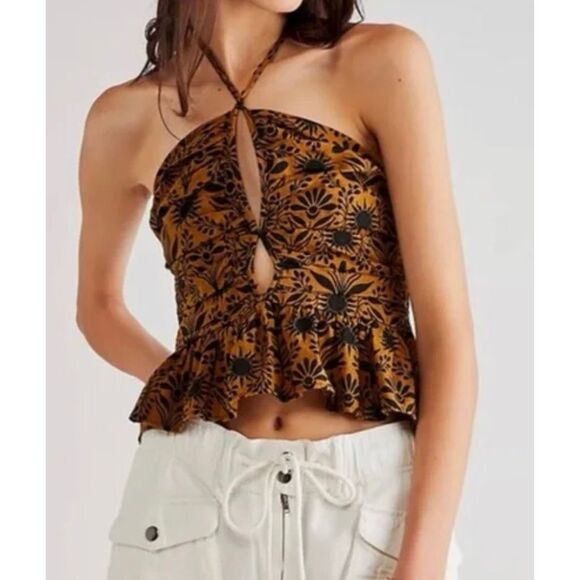 FREE PEOPLE Dandelion Halter Top ~ Elderwood Brown Motif Floral Size s - Picture 7 of 8